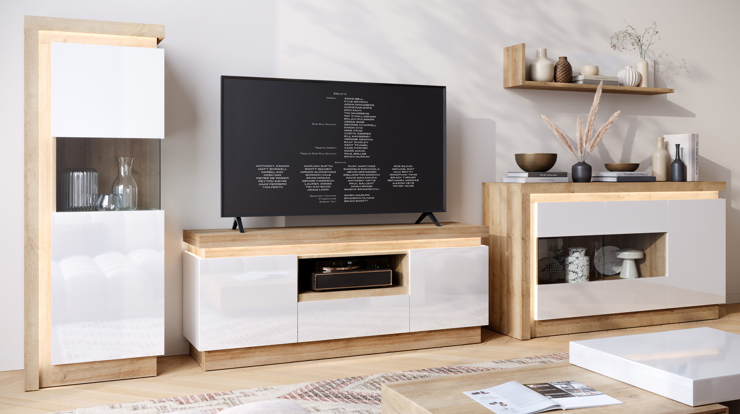 Sideboard mit Glastüren weiß Hochglanz - Eiche 158 cm - LYON