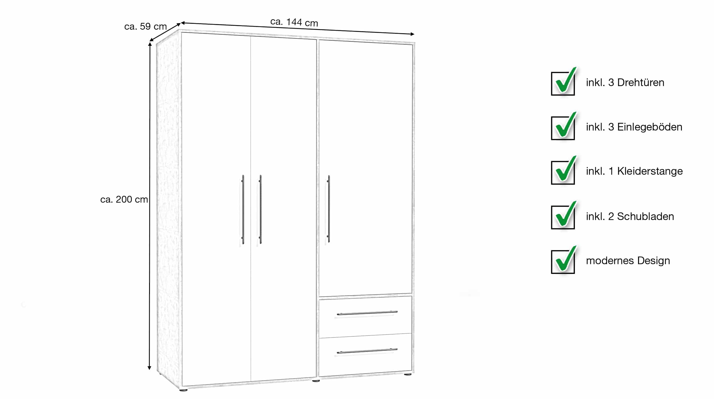 Kleiderschrank weiß - Betonoptik 144 cm 3-türig - MOKKARIS