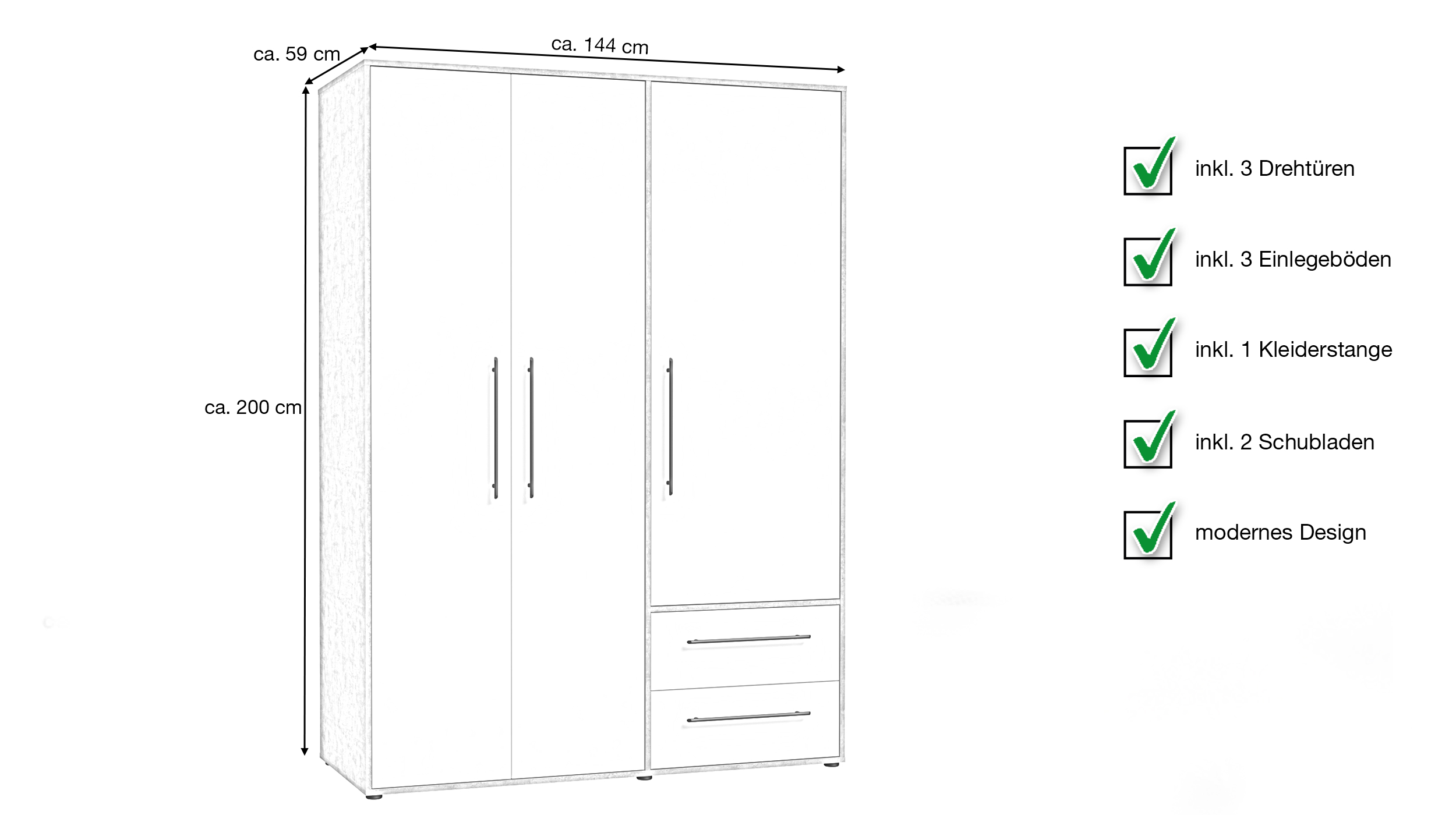 Kleiderschrank weiß - betonoptik - 144 cm - 3 Türen - MOKKARIS