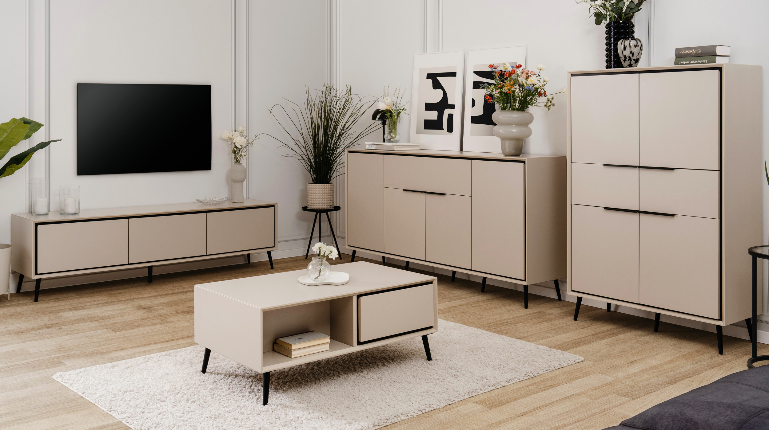 Highboard 4 Türen 2 Schubladen beige schwarz 90 cm - ARONA