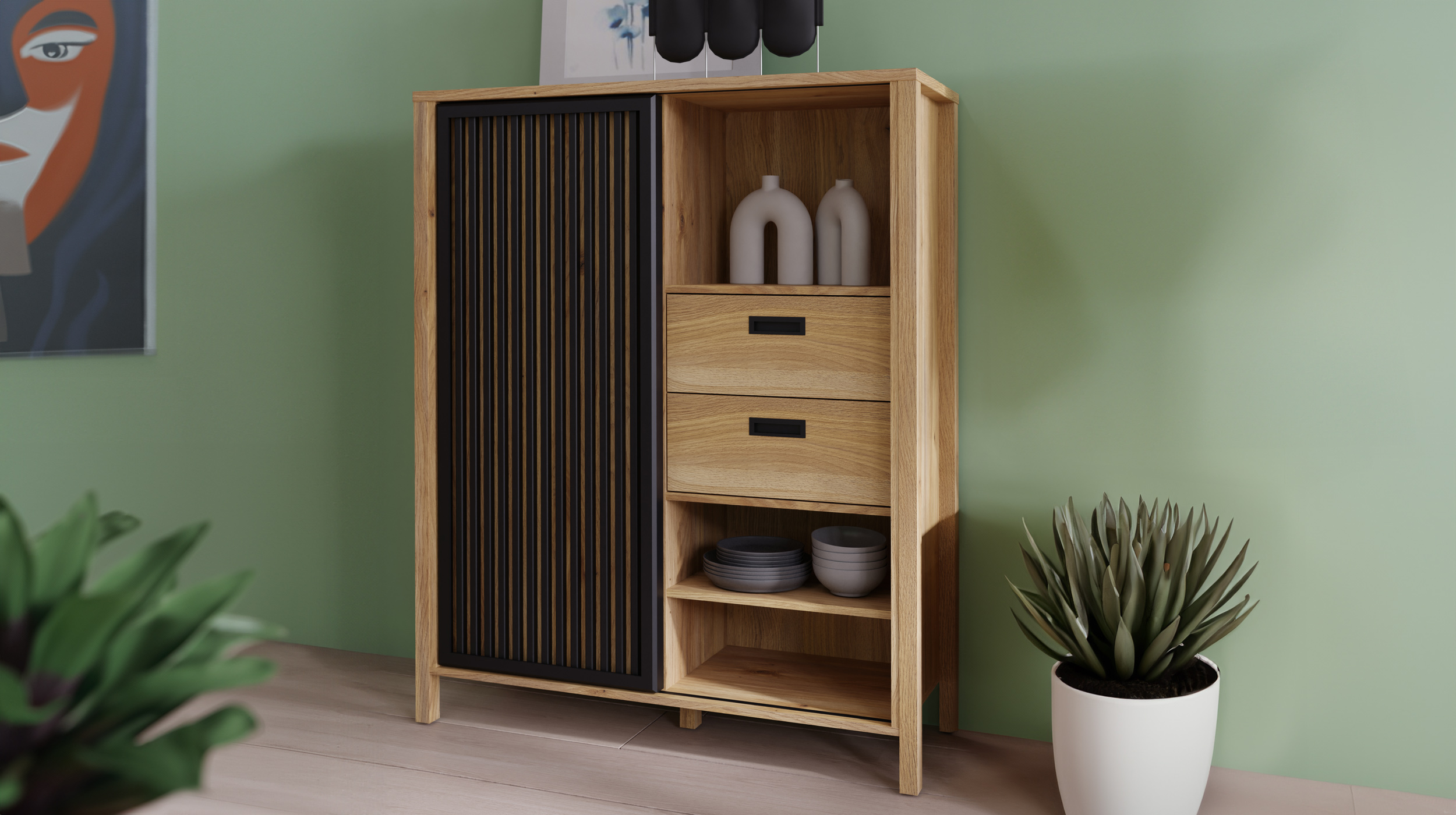 Highboard - Schiebetür - Mauvella Eiche - schwarz - 103 cm - JYTANA