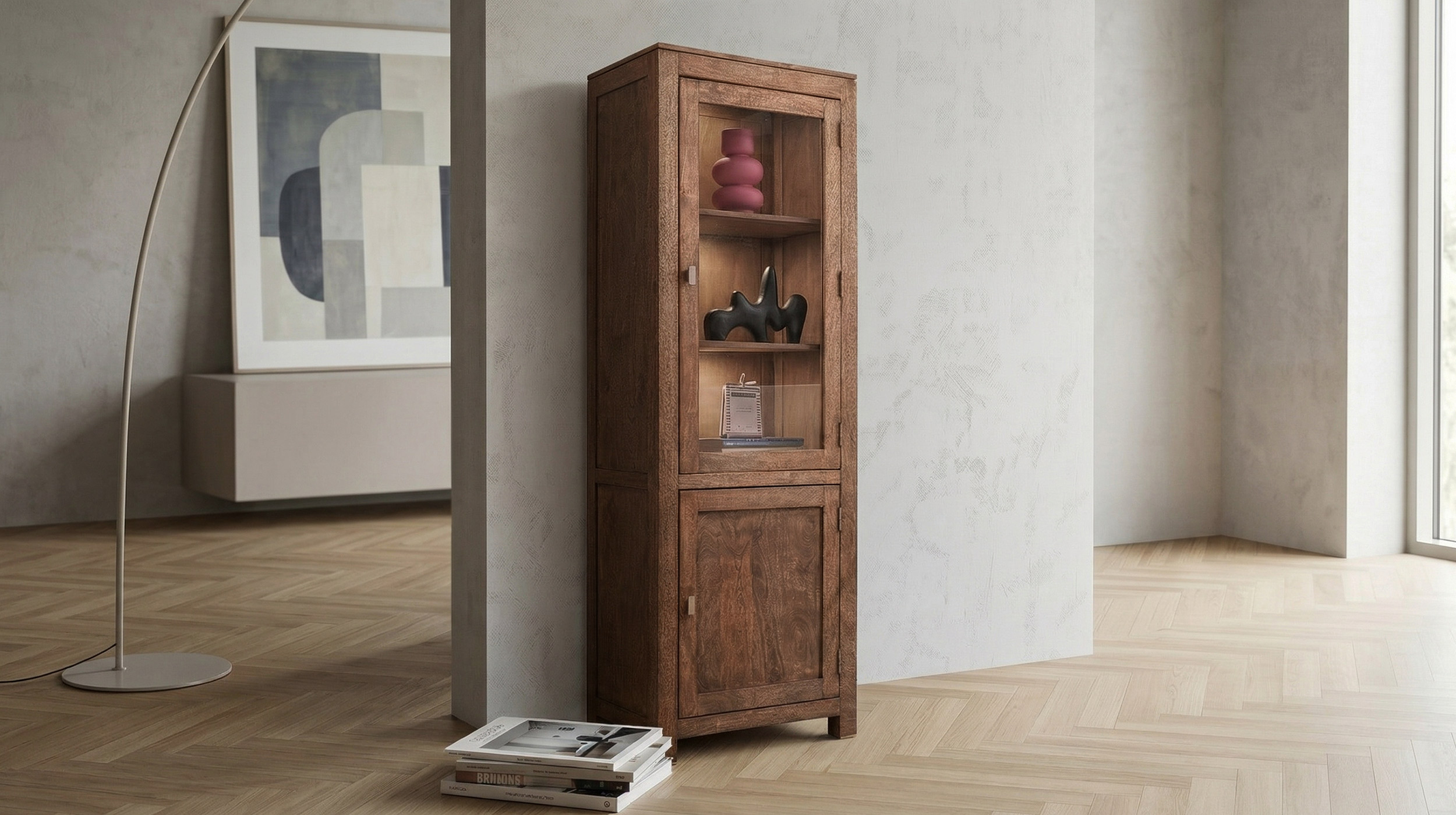 Vitrine Mango massiv gebeizt - montiert Breite 65 cm - MANGALA