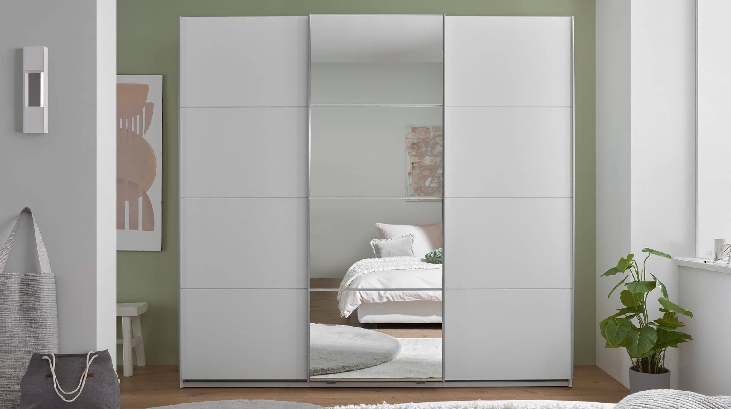 Schwebetürenschrank mit Spiegel weiß 215 cm - 3-türig - CARANO