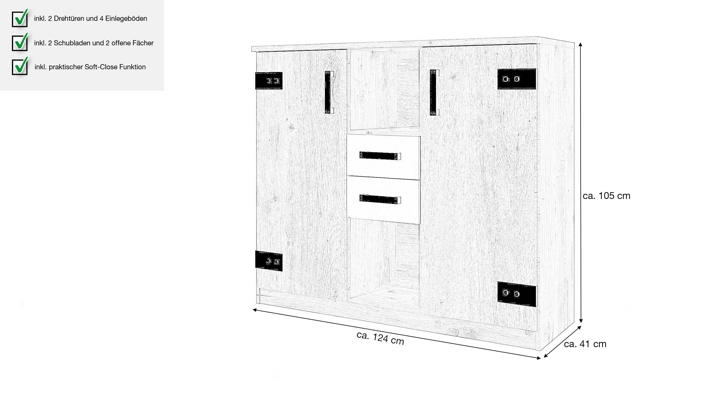 Highboard mit 2 Schubladen Eiche - graphit 124 cm - LIVERPOOL 