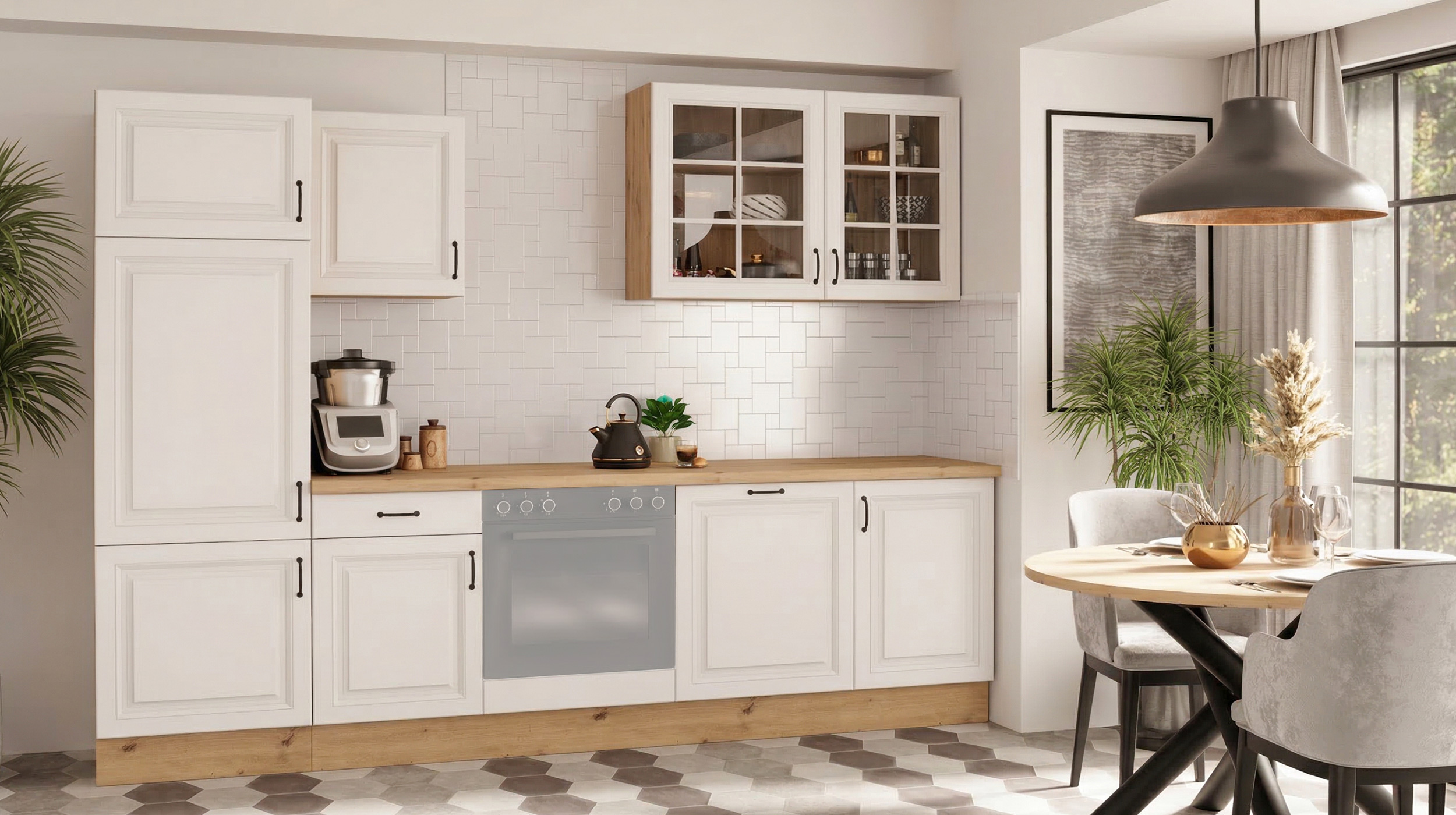 Küchenzeile - weiß matt - Artisan Eiche - 280 cm - ohne Elektrogeräte - STINA 