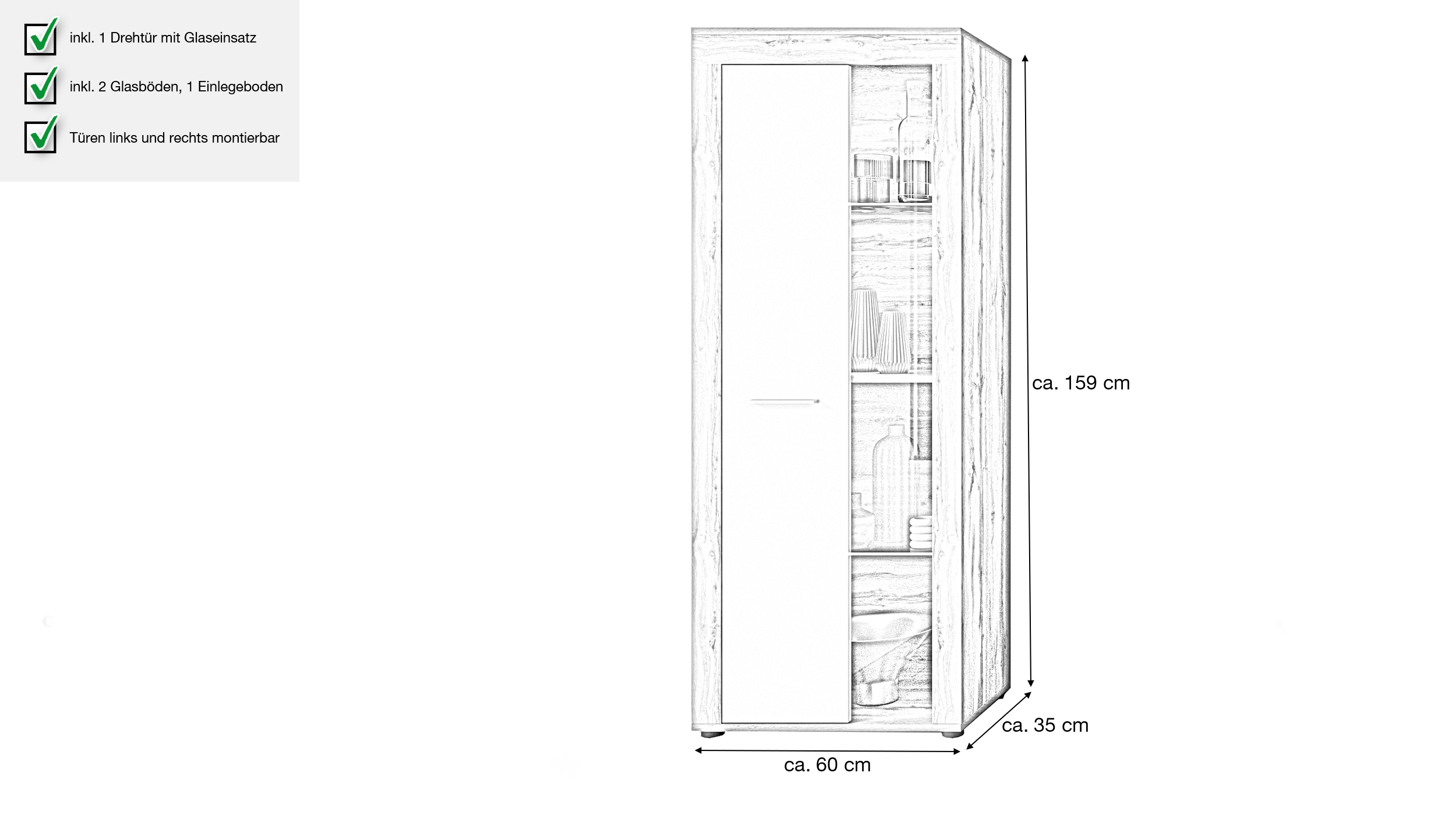 Vitrine mit Glastür weiß Wotan Eiche Breite 60 cm - JAM