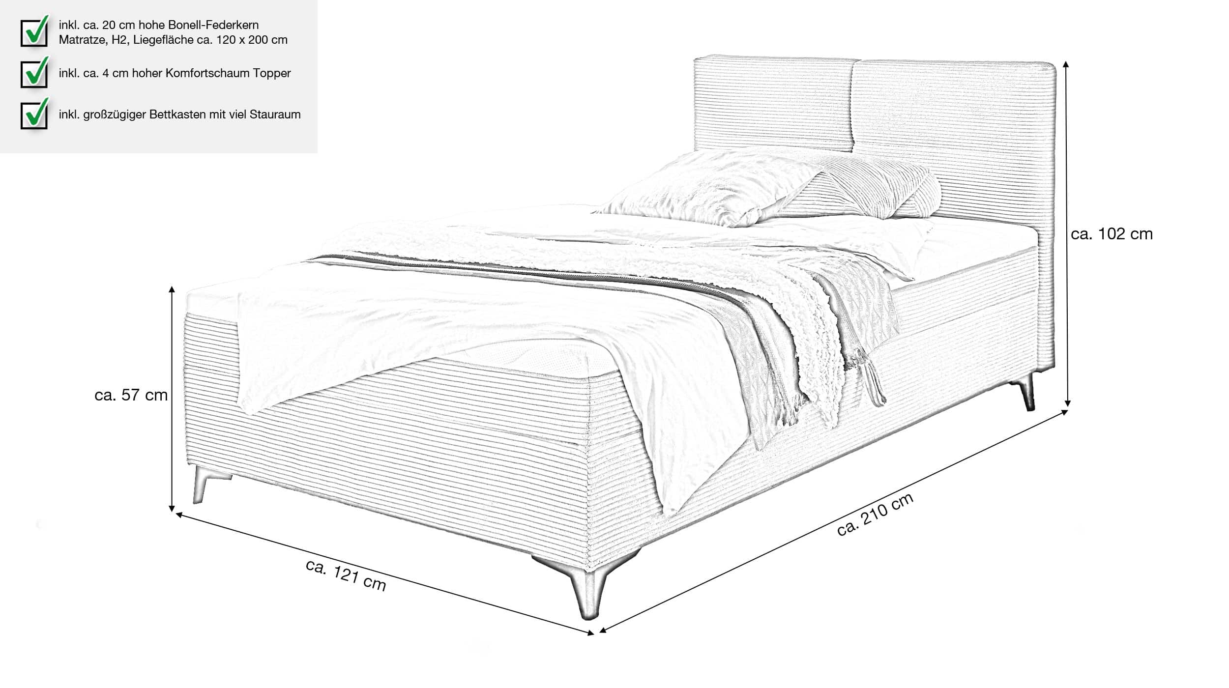 Boxbett Cord grau 120 x 200 cm mit Bettkasten - ANDON