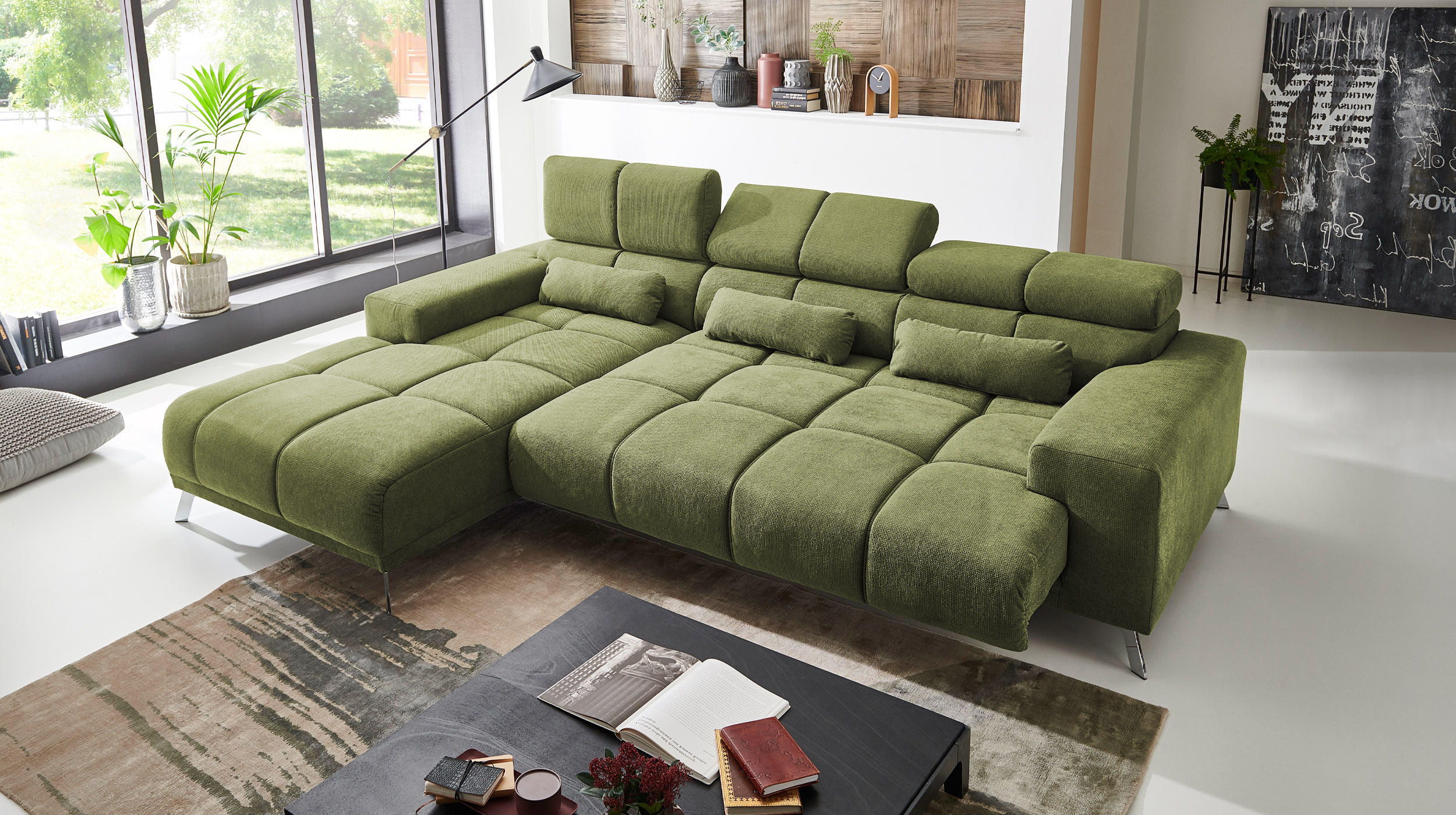 Ecksofa grün ausziehbar - Sitztiefenverstellung 285 cm - OT links - SPEED