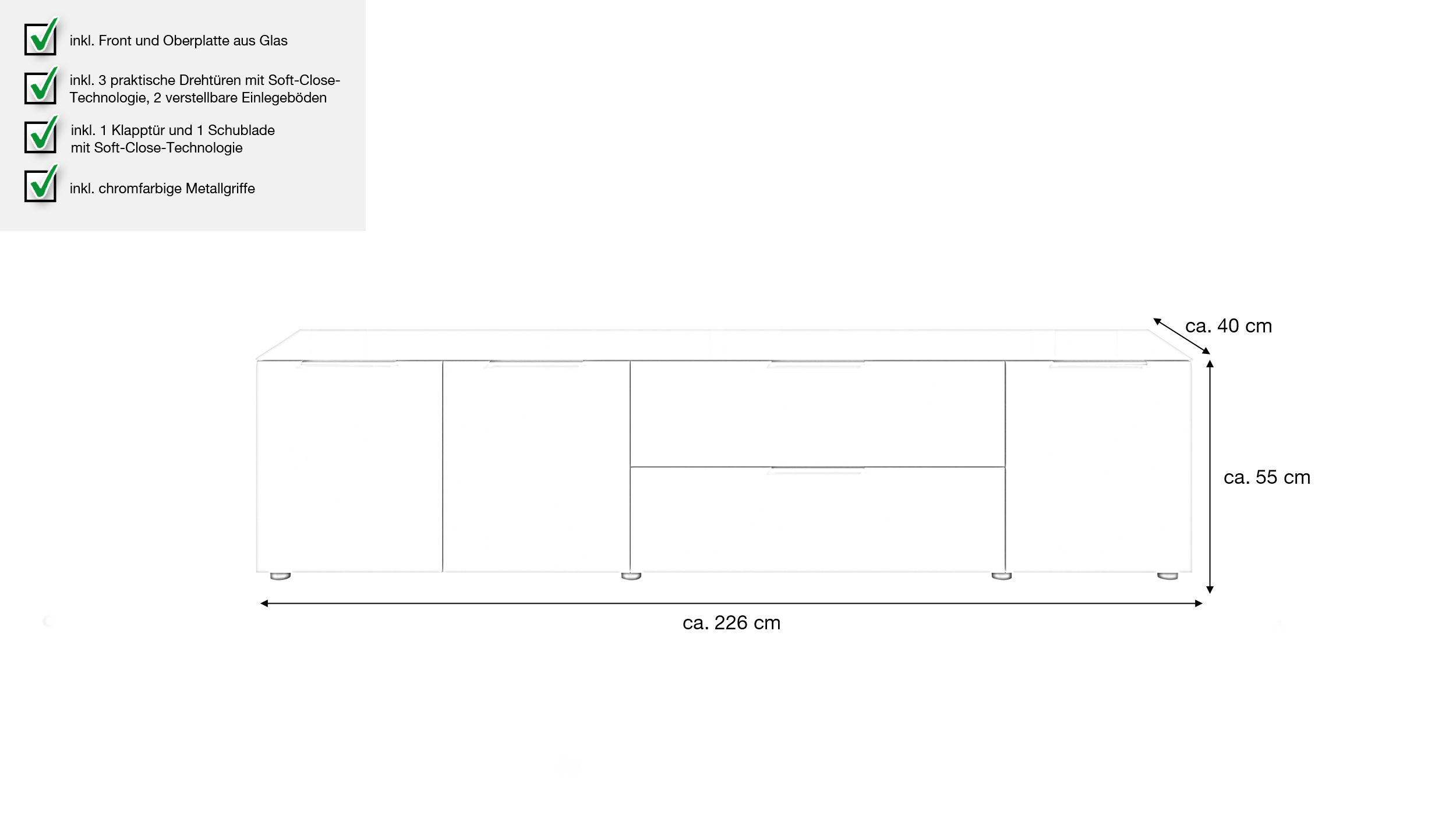 TV-Lowboard beige - Glasfront - 226 cm - SANTORIN