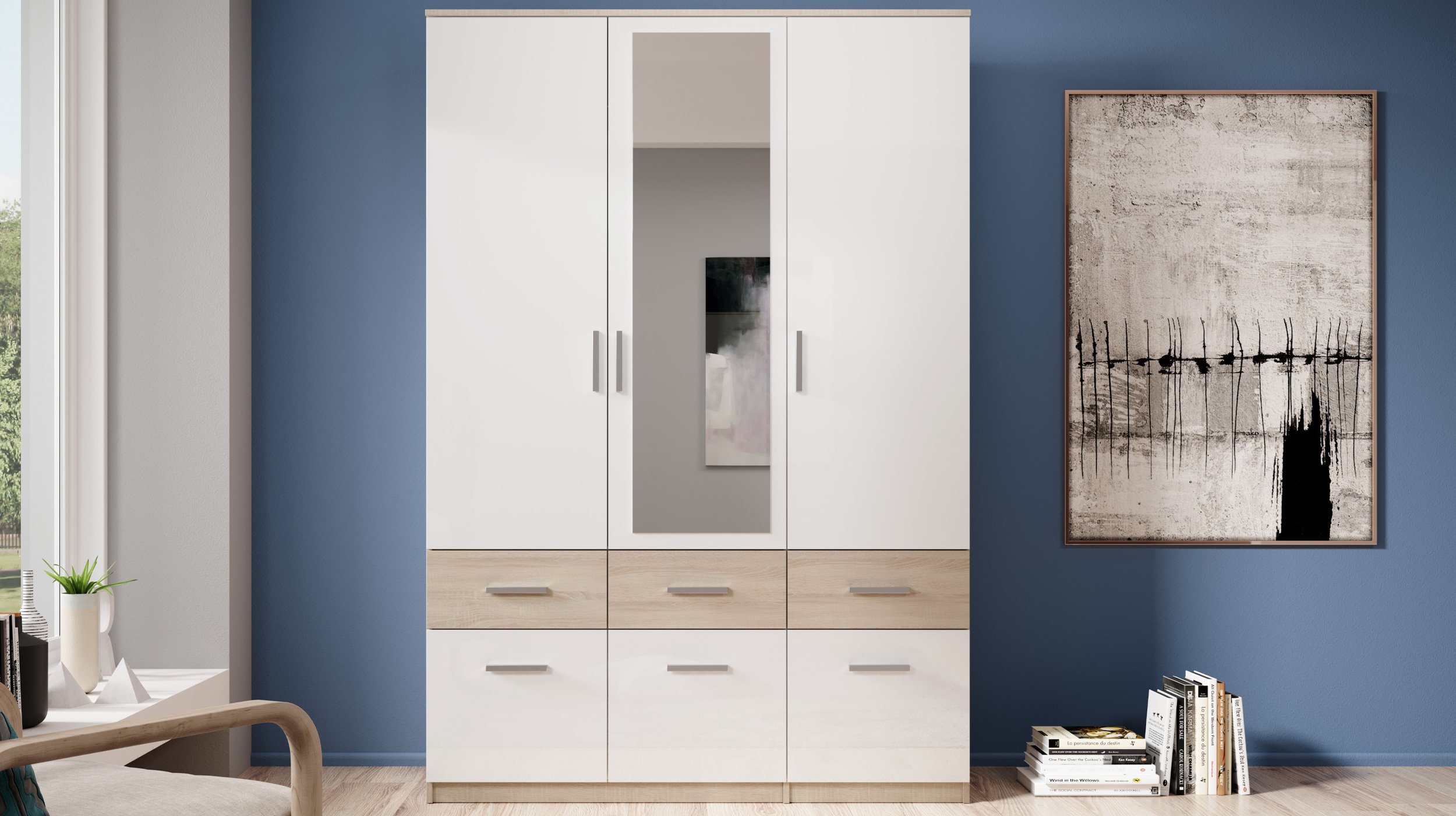 Kleiderschrank mit Spiegel - Sonoma Eiche - weiß - 135 cm - BOX