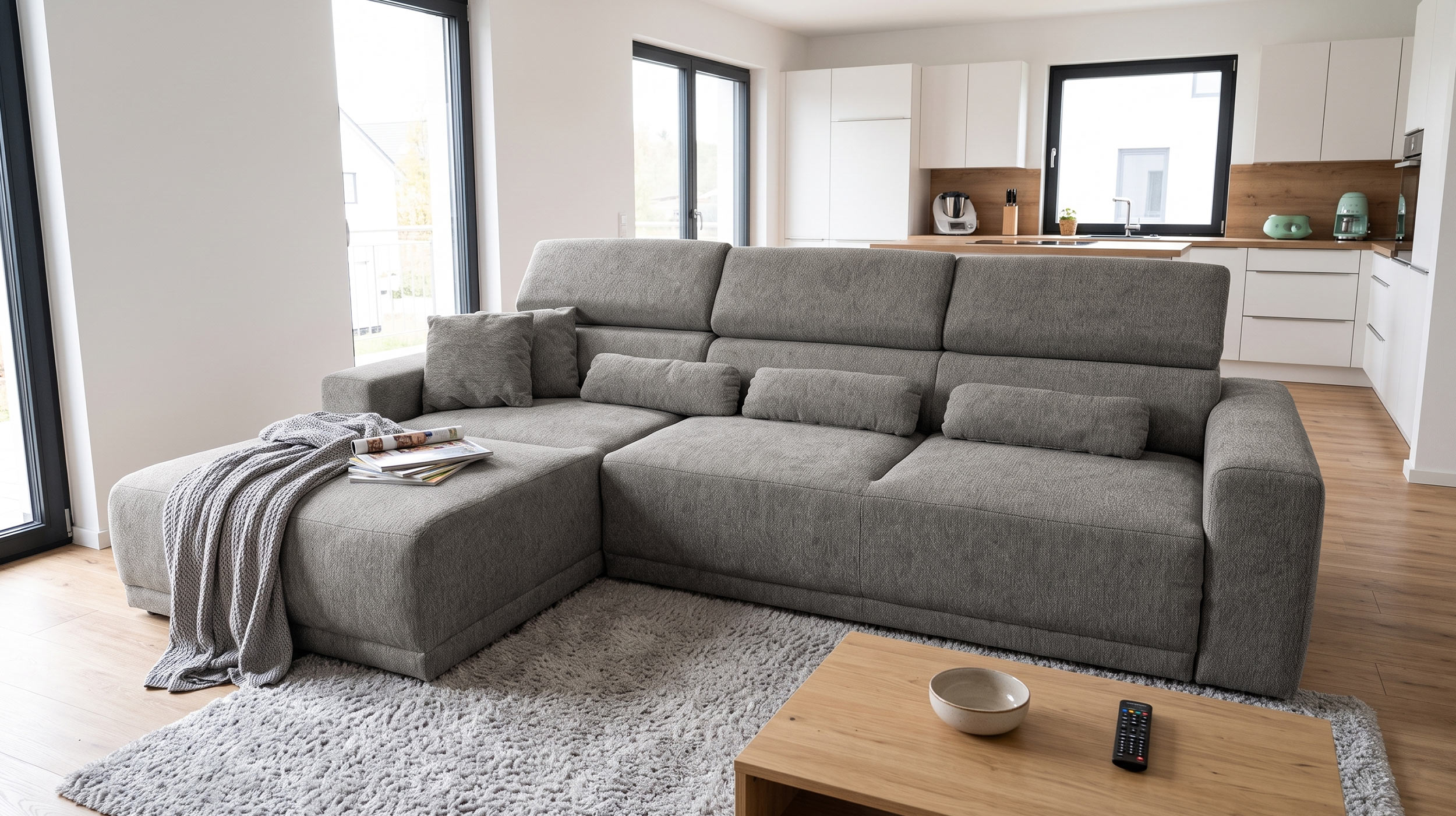 Ecksofa grau elektrisch ausfahrbar 285 cm - OT links - CASSIO 