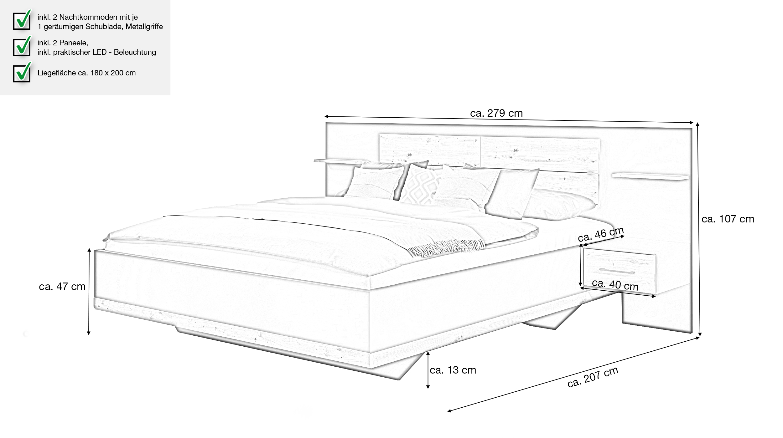 Bettanlage 180 x 200 cm grau - Eiche - Beleuchtung - rauch - BOSTON