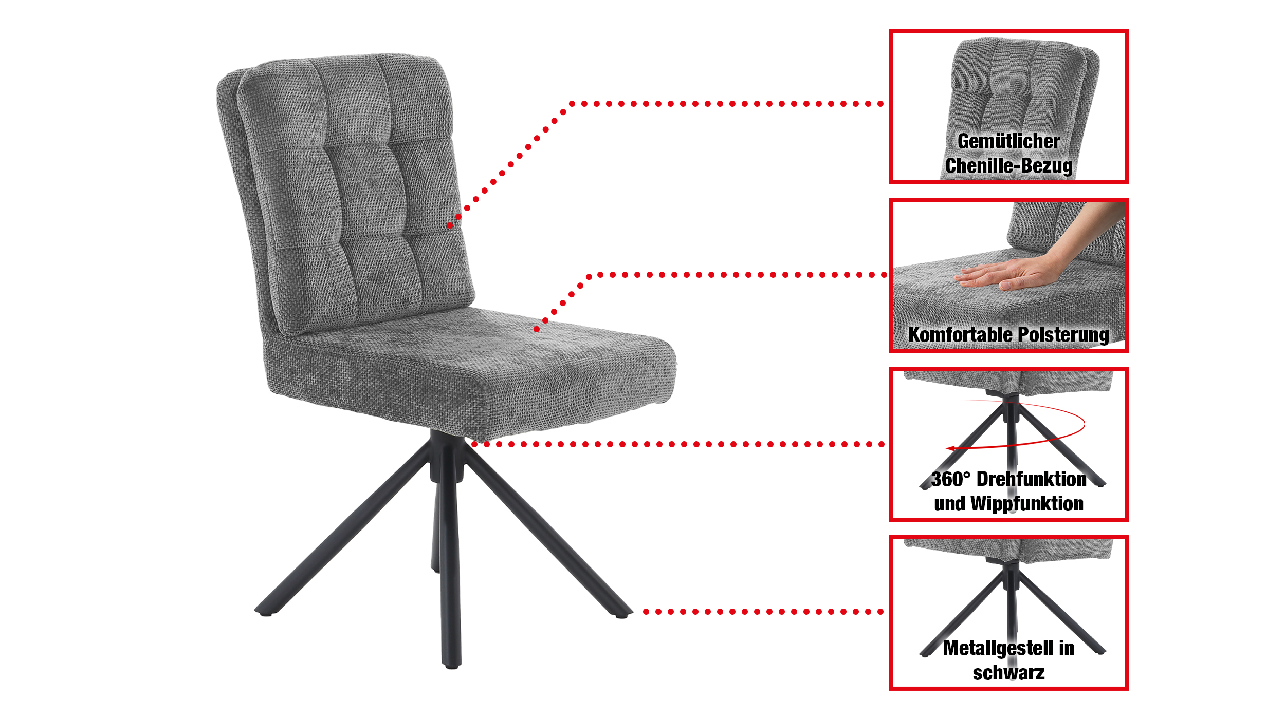 Polsterstuhl grau Drehstuhl Taschenfederkern Chenille - HEDIA