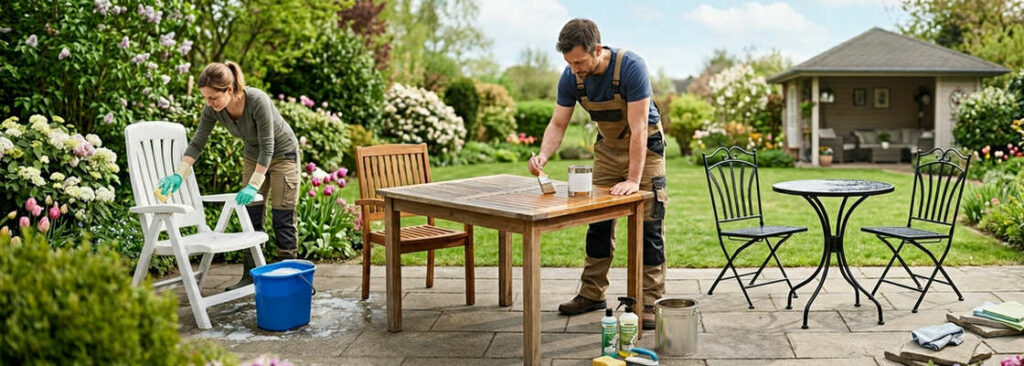 Gartenmöbel reinigen im Frühjahr.