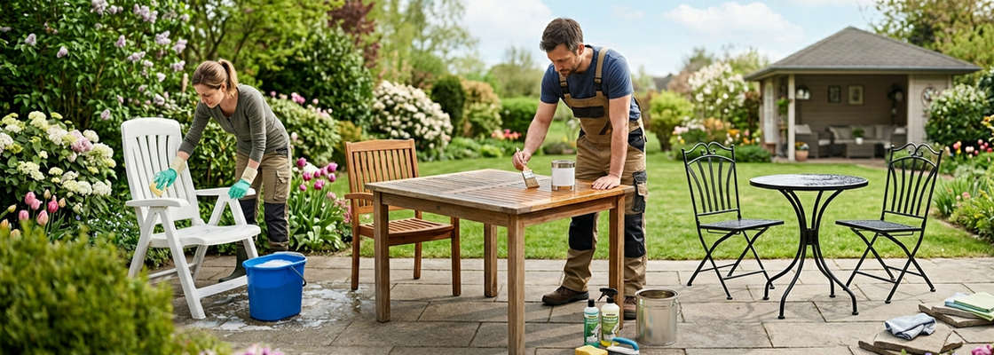 Gartenmöbel reinigen im Frühjahr.