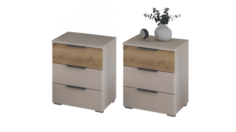 Nachttisch Paar beige Eiche 40 x 40 cm 3 Schubladen - SAJO