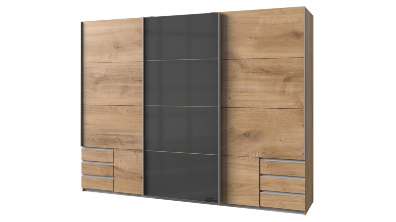 Schwebetürenschrank Glasfront - Plankeneiche - graphit - 270 cm - VALENCIA