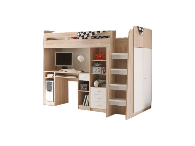 Hochbett mit Schreibtisch 90 x 200 cm Sonoma Eiche - weiß Kinderbett - UNIT