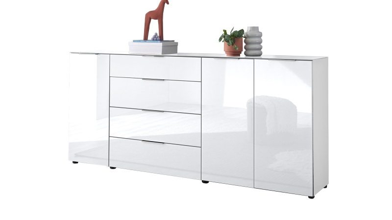 Sideboard 4 Schubladen - weiß - Glasfront - 226 cm - SANTORIN