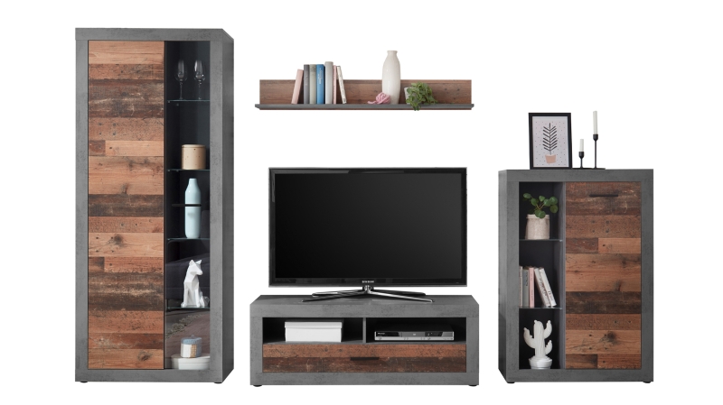 Wohnwand Old Wood - grau 305 cm Anbauwand - FULDA