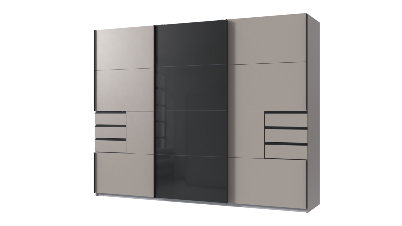 Schwebetürenschrank grau - schwarz mit Glasfront - 270 cm - SAIGON