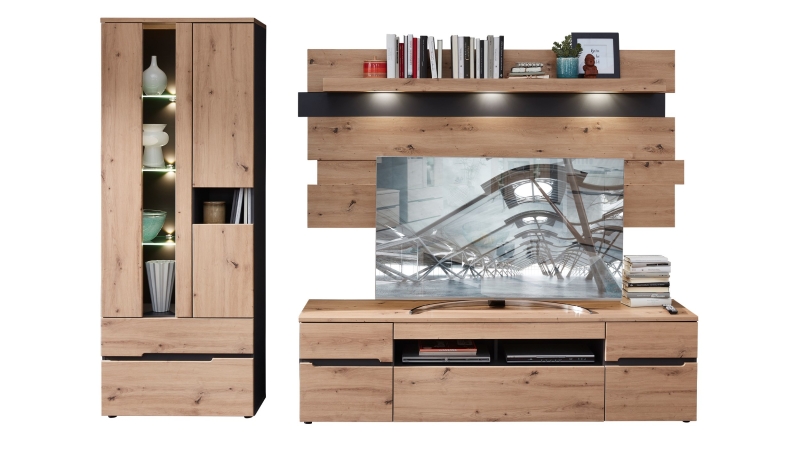 Wohnwand Artisan Eiche Graphit 287 cm mit Beleuchtung - MEMPHIS