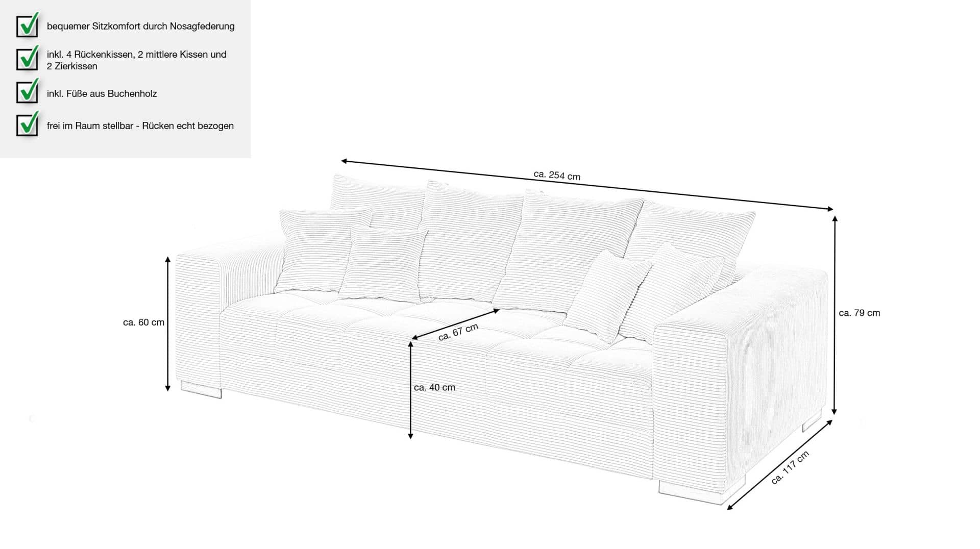 Big Sofa beige Cord 254 cm Nosagunterfederung BORNEO