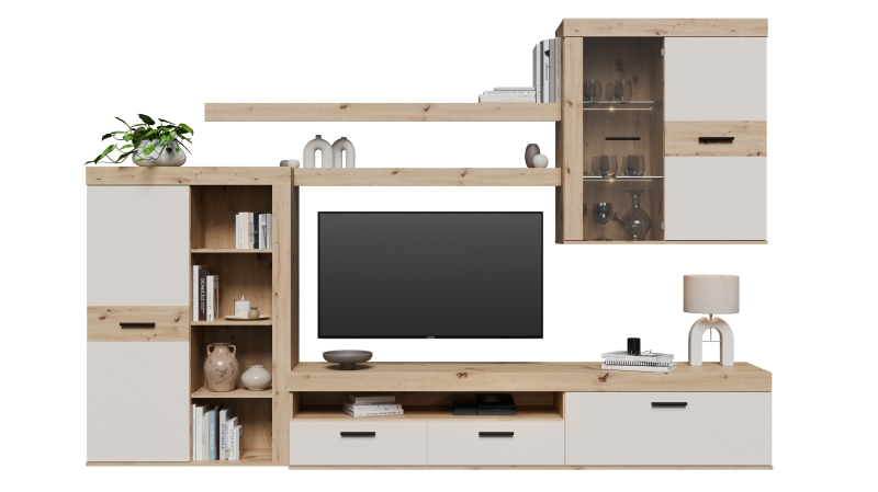 Wohnwand beige Artisan Eiche 300 cm LED-Beleuchtung - ZUMBA