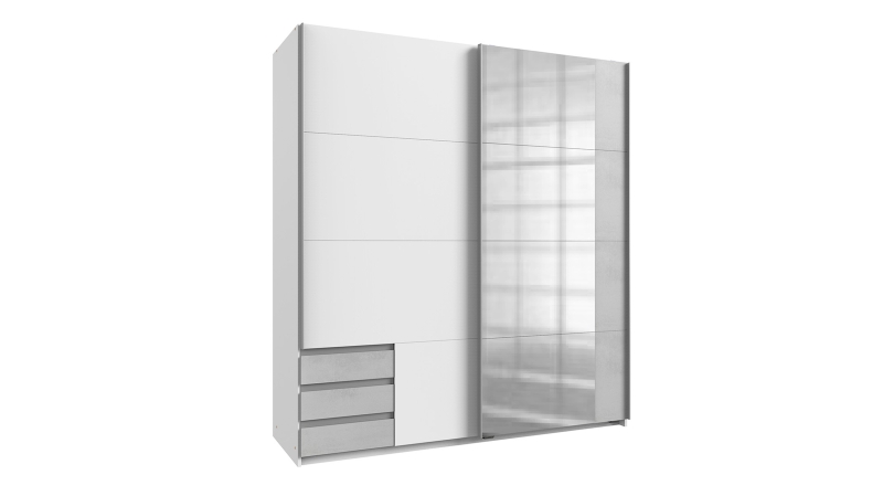 Schwebetürenschrank mit Spiegel weiß - Betonoptik 180 cm - EMDEN