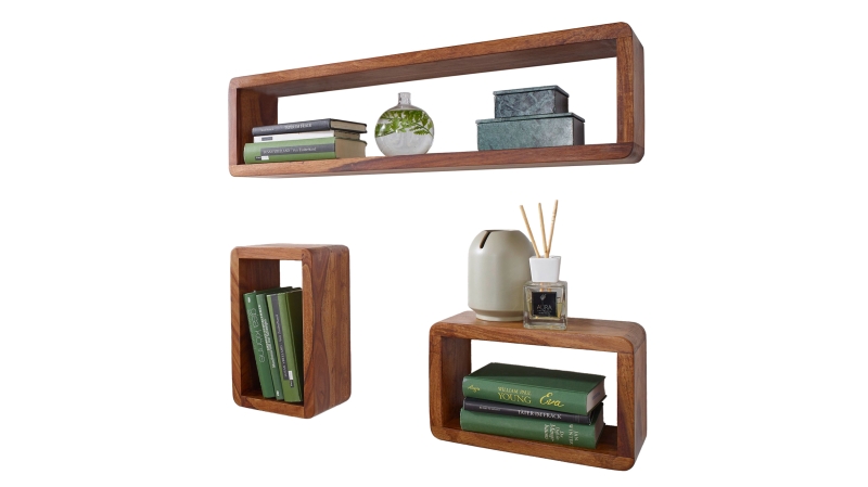 Wandregal 3er-Set Sheesham gebeizt massiv 80 cm - BIRTE