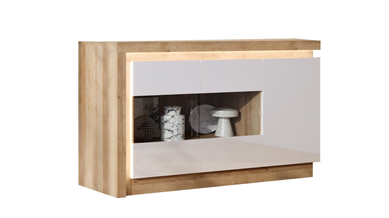 Sideboard mit Glastüren weiß Hochglanz - Eiche 158 cm - LYON