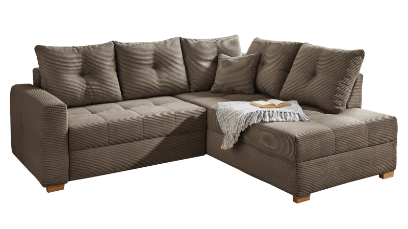 Ecksofa Cord taupe - Schlaffunktion Bettkasten 228 cm - HEIDELBERG