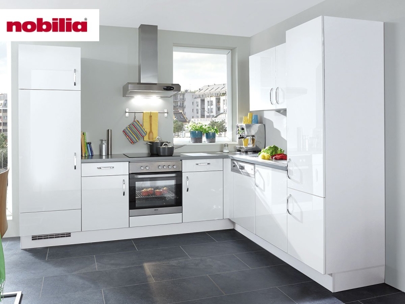 Eckküche 285 x 235 cm - mit Geräten - Küchenfronten Lack Hochglanz - FLASH