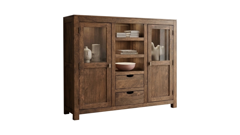 Highboard Mango massiv gebeizt montiert - Glastüren - MANGALA