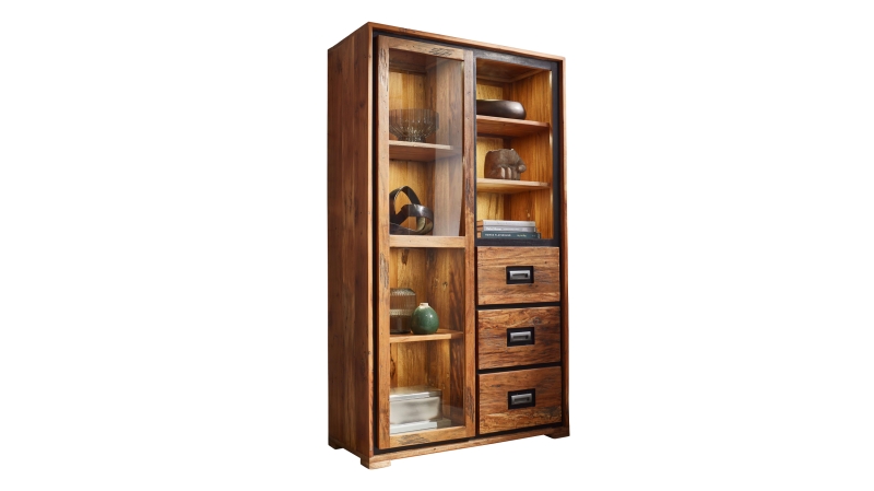 Vitrine Akazie Altholz massiv montiert - 100 cm Glastür - NARVIK