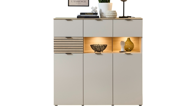 Highboard mit Beleuchtung beige - Riva Eiche 125 cm - INA