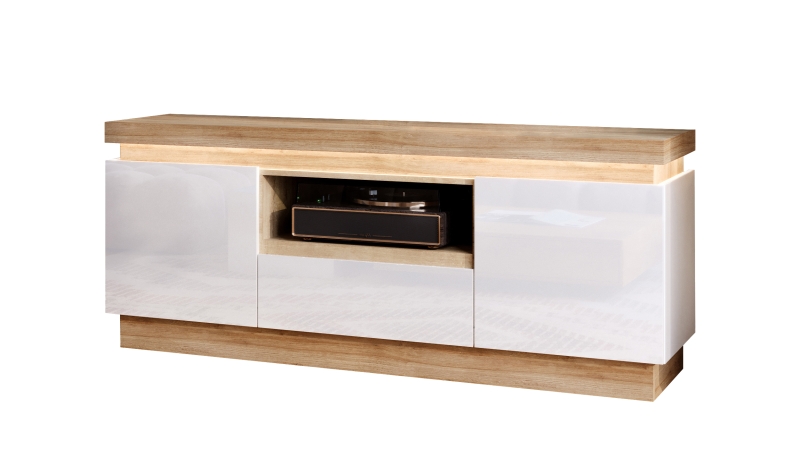 TV - Lowboard mit Beleuchtung weiß Hochglanz - Eiche 160 cm - LYON