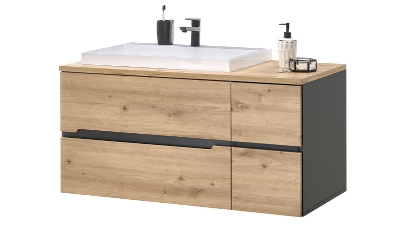 Waschbeckenunterschrank mit Becken Eiche - grau - MEMPHIS