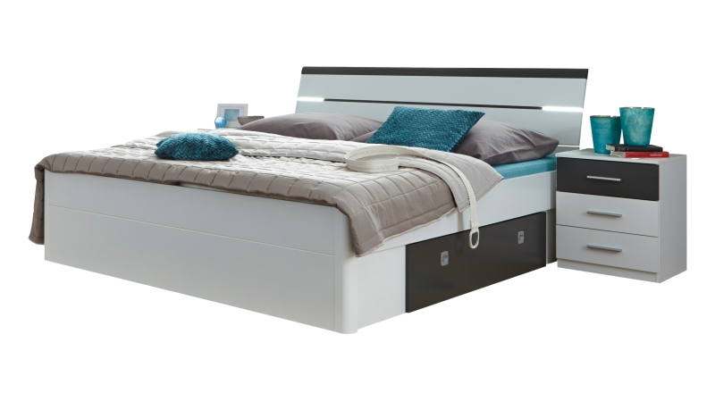 Bettanlage 180 x 200 cm weiß - graphit - 2 Nachttische - JANNE