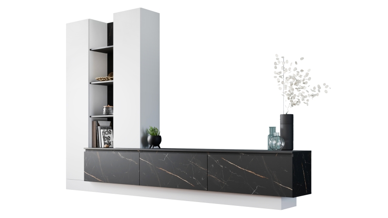 Wohnwand weiß - Marmoroptik 295 cm Anbauwand - MODATO