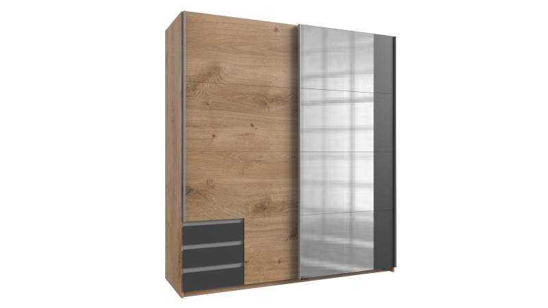 Schwebetürenschrank mit Spiegel Plankeneiche - graphit 180 cm - EMDEN