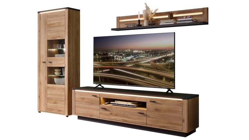 Wohnwand Mauvella Eiche 308 cm - LED-Beleuchtung- TINA