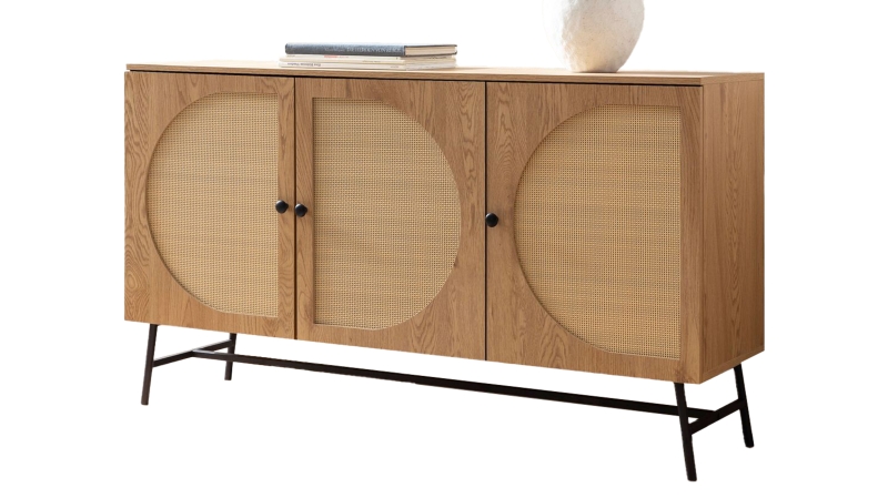 Sideboard Eiche Holzdekor - Polyrattan 140 cm - 3-türig - RATVAN