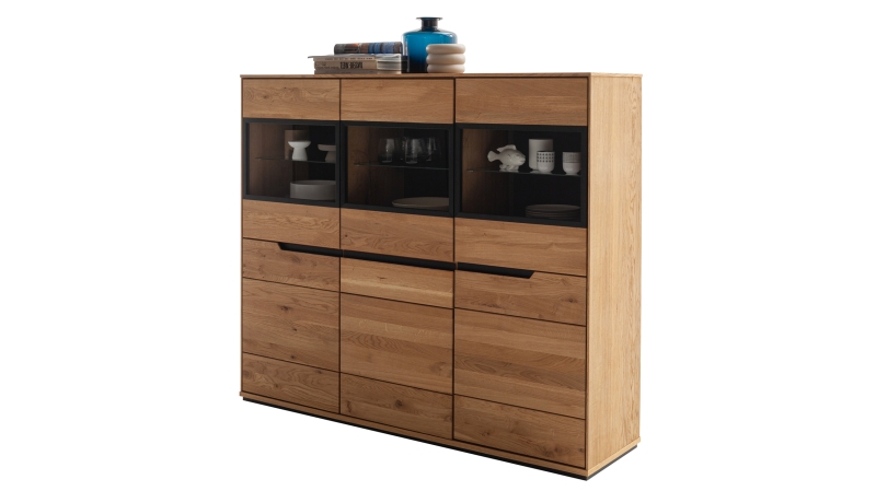 Highboard mit Glastüren Wildeiche geölt teilmassiv 153 cm - ARAYA