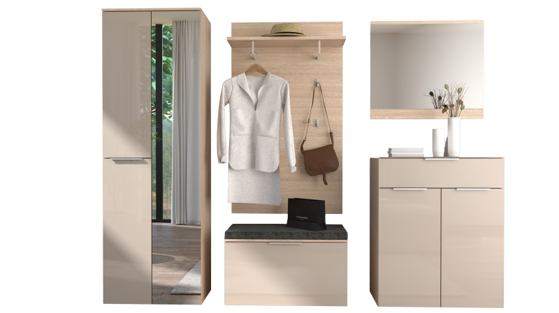 Garderoben-Set beige Glasfront Eiche 255 x 196 cm - SANTORIN