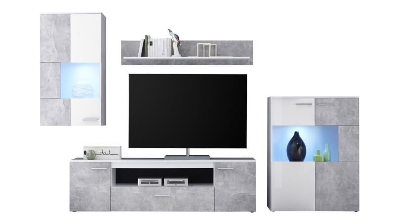 Wohnwand weiß - Betonoptik 290 cm mit LED-Beleuchtung - VULCAN