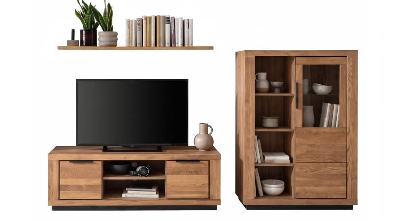 Wohnzimmer-Set Wildeiche 3-teilig mit Highboard und TV-Lowboard - GRENO