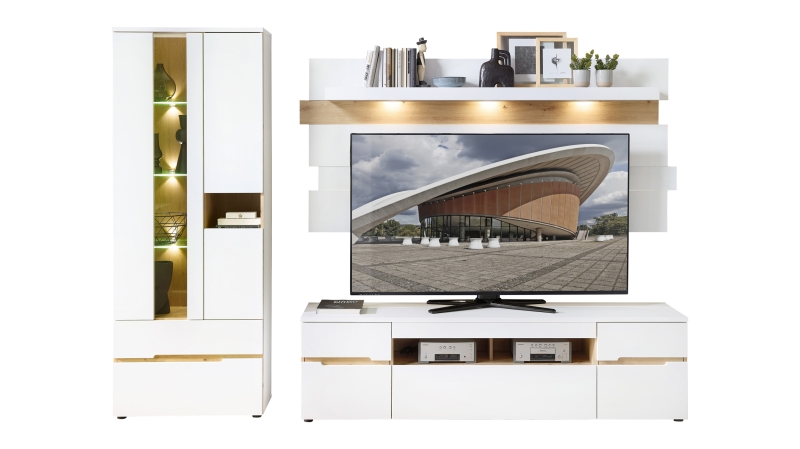 Wohnwand weiß Artisan Eiche 287 cm mit Beleuchtung - MEMPHIS