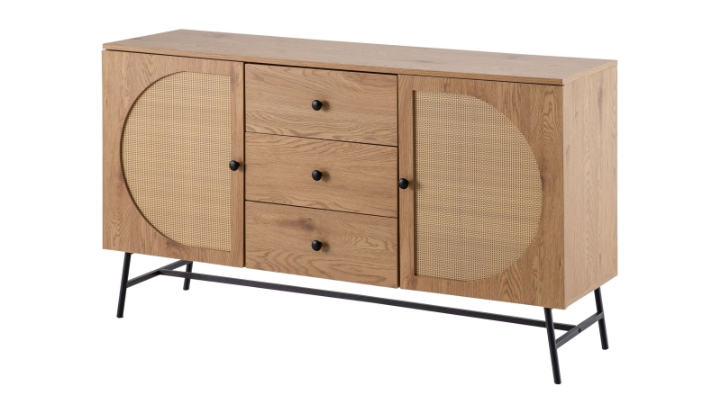 Sideboard mit 3 Schubladen Eiche Holzdekor - Polyrattan 140 cm - RATVAN