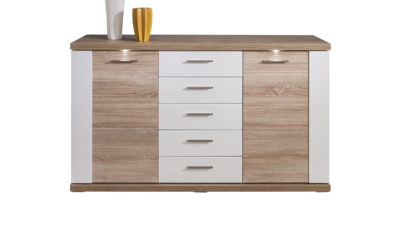 Sideboard mit Beleuchtung Eiche - weiß hochglanz 156 cm - MANHATTAN